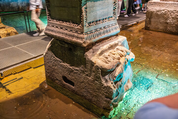 Ancient medusa head in basilica cistern, istanbul