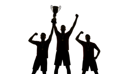 Three athletes, in silhouette celebrating victory holding a trophy and wearing medals, cutout, PNG isolated on white or transparent background