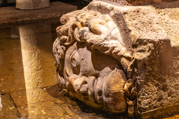 Intricate medusa head column base in istanbul basilica cistern