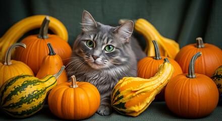 Fluffy gray cat with green eyes surrounded by orange and yellow gourds, representing autumn, harvest, and a warm, cozy seasonal theme
