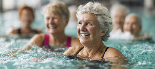Senior Women Enjoying Aquatic Fitness Class with Laughter and Energy