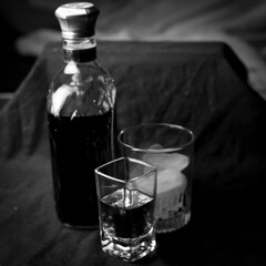 Monochromatic photograph of liquor in a bottle sitting beside a shot glass as well as a cocktail glass full of ice cubes. 