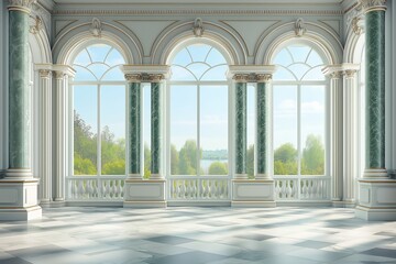 Obraz premium Grand hall with large windows in palace or castle, surrounded by lush greenery