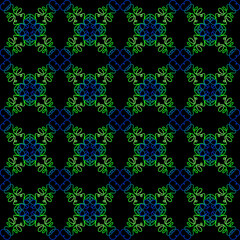 An openwork lace pattern in green and blue on a black background. Seamless texture for fabric or wallpaper.