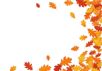 Scattered autumn oak leaves in shades of red, orange, and yellow isolated on transparent background
