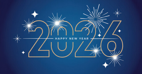 Happy New Year 2026 eve line design loading sparkle firework golden white blue vector wallpaper greeting card
