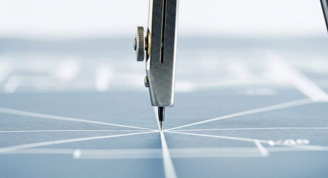 Engineering and Precision Background. metallic tip of a professional drafting compass resting, blurred architectural blueprint. Represents precision, engineering, and strategic planning