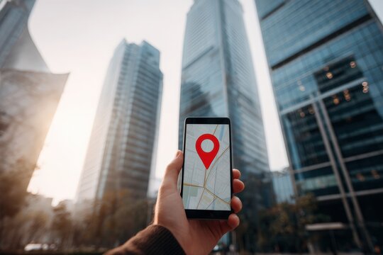 Smartphone with Map and Red Pin in Front of Skyscrapers for Urban Navigation