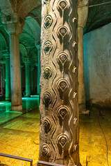 Intricate serpent column in byzantine underground basilica cistern