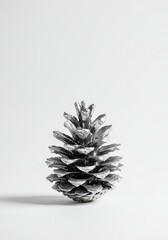 Minimalist holiday decoration featuring a reflective silver paint coated pine cone isolated against a bright studio white backdrop, reflective, backdrop, evergreen