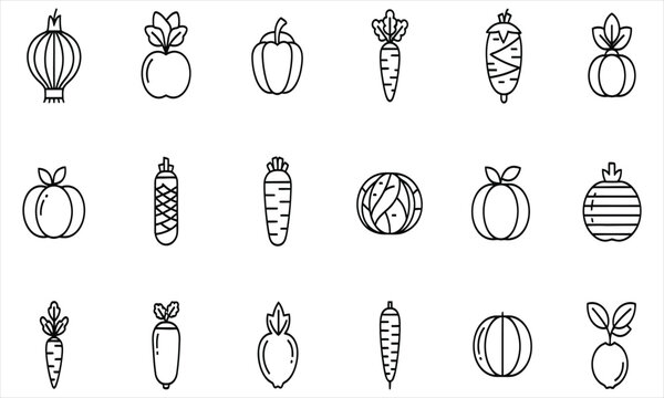 Collection of Line Art Vegetable Icons Representing Fresh, Healthy Food and Culinary Delights