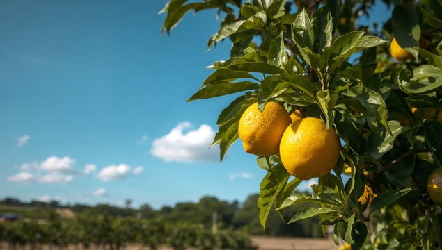 Citrus Fruits on Tree Branch, Sunny Blue Sky Backdrop, Green Leaves, Harvest Time.