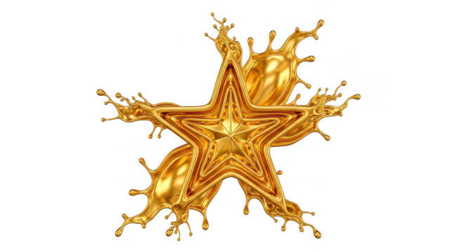 Dynamic liquid gold star splash, a luxurious symbol of premium quality, success, excellence, and achievement, shining brightly. isolated on transparent background