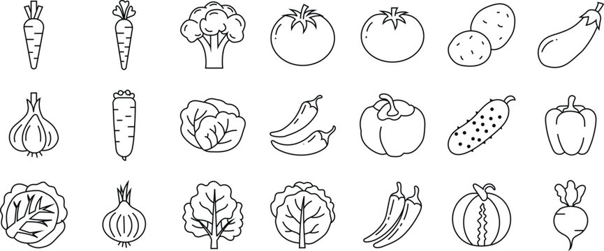 Collection of line art vegetable icons set: diverse produce depicted in a clean, simple, and modern graphic style for healthy eating. Vector, illustration