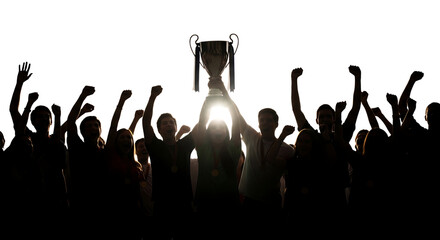 Group of people, celebrating victory holding a trophy aloft with raised arms, cutout, PNG isolated on white or transparent background