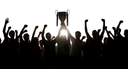 Group of people, celebrating victory holding a trophy aloft with raised arms, cutout, PNG isolated on white or transparent background