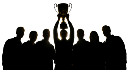 Group of people, silhouetted holding a trophy aloft in celebration, cutout, PNG isolated on white or transparent background