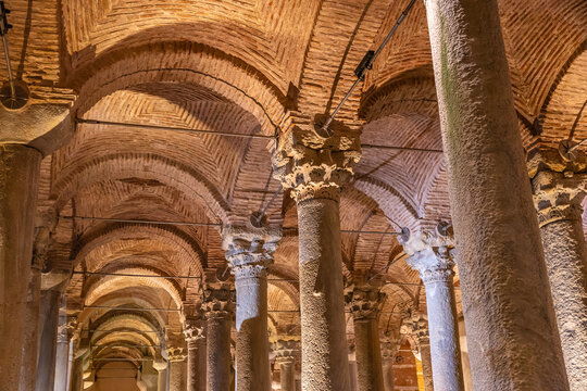 Ancient underground basilica cistern with arched ceiling and stone columns