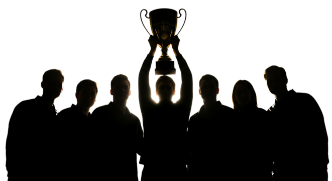 Group of people, silhouetted holding a trophy aloft in celebration, cutout, PNG isolated on white or transparent background