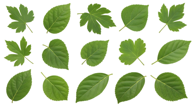 Assortment of green leaves, distinct shapes and vein patterns, isolated on white or transparent background, AI