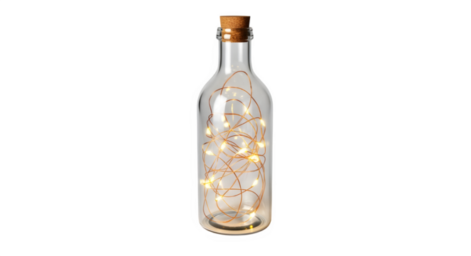 Decorative glass bottle with cork stopper and fairy lights