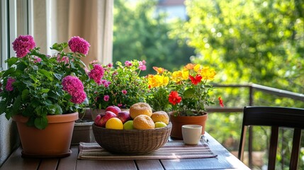 Obraz premium Cozy balcony breakfast with blooming flowers and fresh fruits