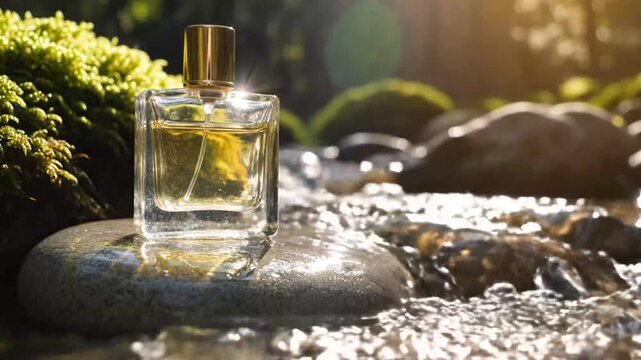 A perfume bottle sits on a stone in a stream, lit by the sun's rays