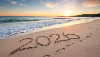Golden beach with 2026 drawn in sand at sunset, ideal for promoting future vacations, resolutions, or tropical holiday plans
