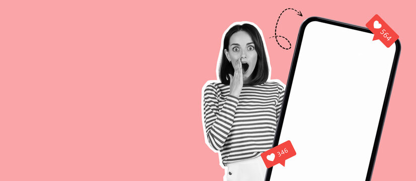 A surprised woman stands against a bright pink background, reacting to notifications on her phone.