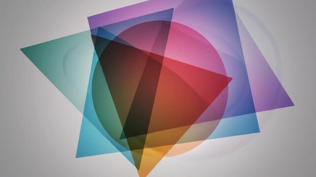 Abstract art with overlapping translucent shapes of triangles and circles on a gray background