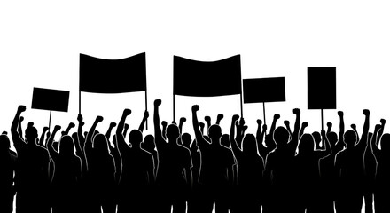Crowd of people, with raised fists and protest signs, cutout, PNG isolated on white or transparent background