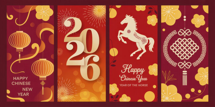 Set of Chinese New Year 2026 banners featuring lanterns horse and traditional knots vector illustration for holiday celebrations