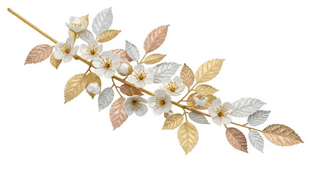 Elegant branch with golden, silver, and copper leaves and delicate white flowers