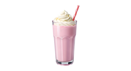 Delicious strawberry milkshake with whipped cream and a red straw