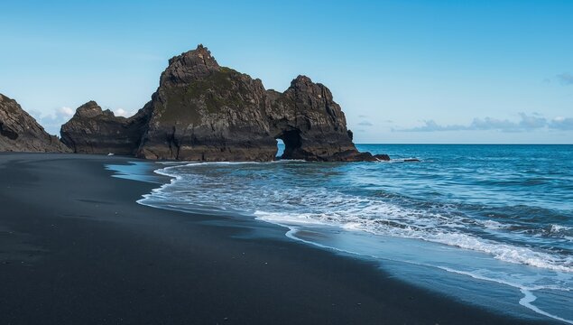 Coastal Arch Formation, Azure Waters Contrasting Textures of Rock, Sand, and Sea.