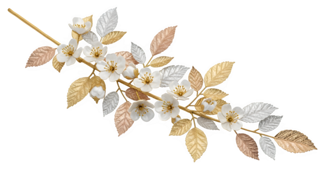 Elegant branch with golden, silver, and copper leaves and delicate white flowers