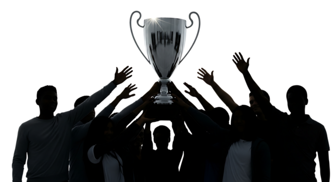Group of people, holding up a silver trophy with hands raised in celebration, cutout, PNG isolated on white or transparent background