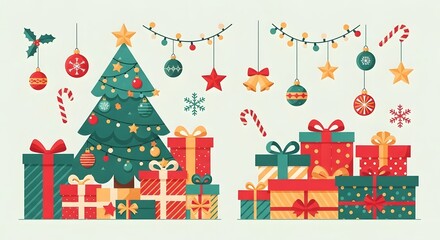 Christmas tree with gifts and festive ornaments, candy canes, and holly