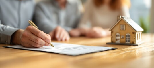 Young Couple Signing Mortgage Contract with House Model on Desk