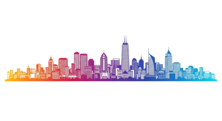 Colorful gradient skyline silhouette of modern city skyscrapers isolated,, isolated on white or transparent background, AI