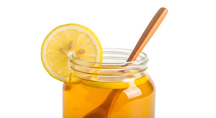 Closeup of a mason jar filled with honey and lemon