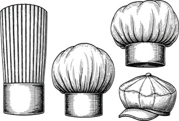 A collection of chef hats in various styles, showcasing culinary headwear