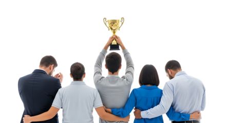 Group of people, celebrating holding a golden trophy aloft, cutout, PNG isolated on white or transparent background