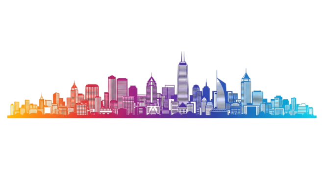 Colorful gradient skyline silhouette of modern city skyscrapers isolated,, isolated on white or transparent background, AI - Powered by Adobe