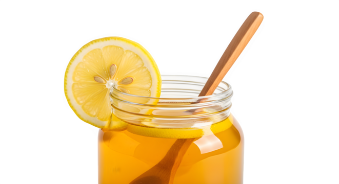Closeup of a mason jar filled with honey and lemon
