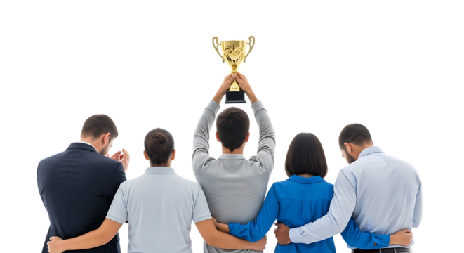 Group of people, celebrating holding a golden trophy aloft, cutout, PNG isolated on white or transparent background - Powered by Adobe