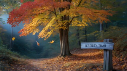 A serene autumn path with falling leaves and a sign indicating the serenity trail in a misty forest