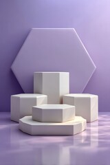 Modern geometric pedestal with hexagonal shapes on purple background