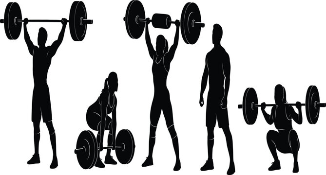 Silhouetted weightlifters in dynamic poses, showcasing strength and determination a powerful display of fitness and athleticism - Powered by Adobe
