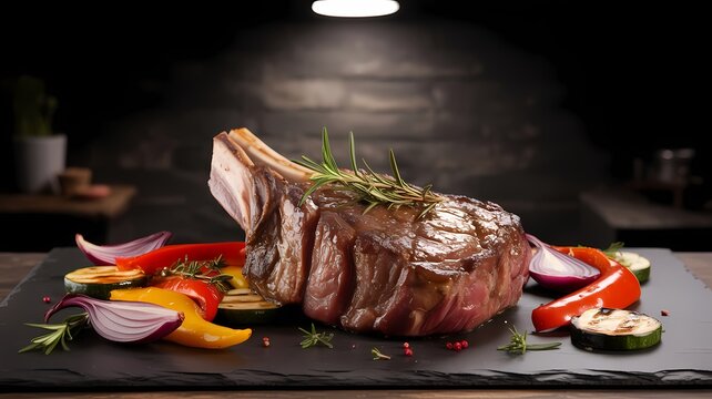 A beautifully cooked tomahawk steak served with grilled vegetables on a dark slate cutting board surface